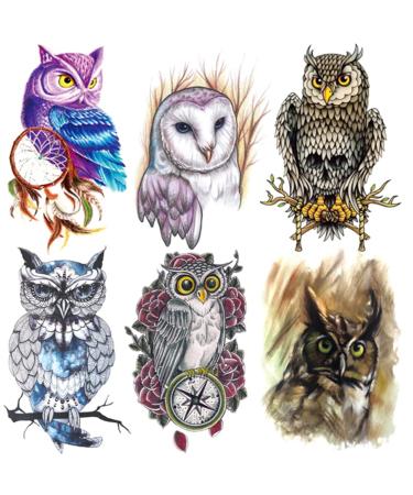 Oottati 6 Sheets 21x15cm Old School Colorful Owl Bubo Arm Fake Temporary Tattoos Stickers