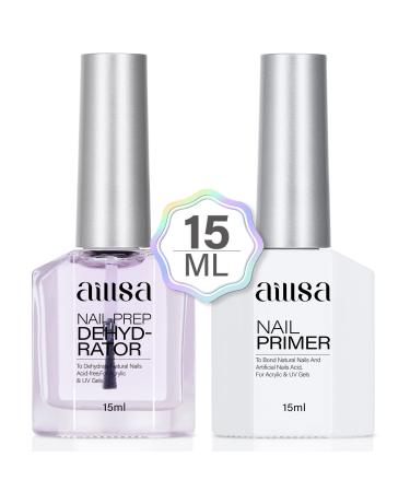 AILLSA Nail Primer and Nail Dehydrator Set Professional Nails Bond Primer Gel Nail Polish No Acid Fast Air Dry Nails Prep Set for Gel Polish Poly Nail Builder Polish Acrylic Powder 2 x 15 ML Clear-Nail Prep