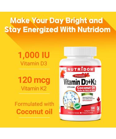 Nutridom Vitamin D3 + K2 1000IU/120MCG | MK-7 K2 with Cholecalciferol D3 in Coconut Oil | Helps Support Bones Teeth and Immune Function | Non-GMO Gluten-free and Dairy-free (300 Count) 300 count (Pack of 1) - Buy Online on SooperMarket.com