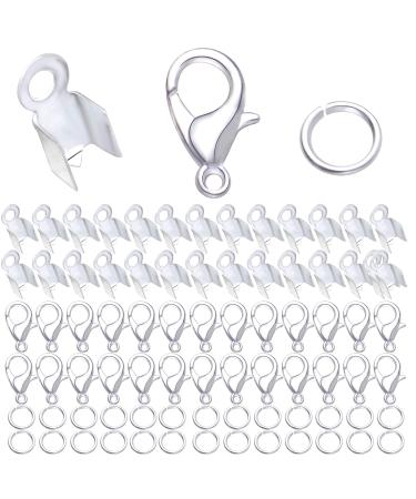 500pcs Silver Jewelry Making Accessories Kit  200pcs Fold Over Cord End Caps Crimp End Tips  200pcs Open Jump Rings and 100pcs Lobster Claw Clasps for Leather Ribbon Jewelry Making Findings