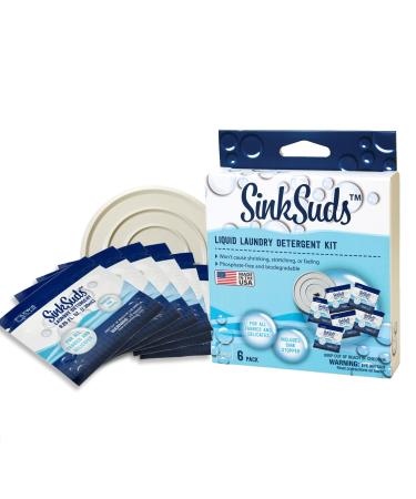 Travel Laundry Detergent Liquid Soap + Odor Eliminator for All Fabrics Including Delicates (TSA Compliant) 6 Sink Packets (0.25 fl oz Each)+1-4in Stopper White Single 6 Count (Pack of 1)