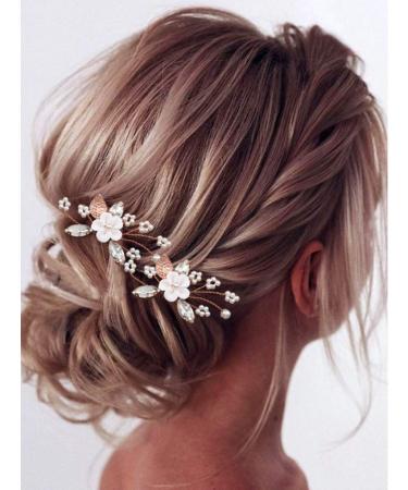 Heread Flower Bride Wedding Hair Pins Pearl Bridal Hair Pieces Crystal Hair Accessories for Women and Girls (Pack of 2) (A Rose Gold)