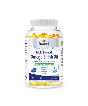 MapleLife - Triple-Strength - Omega-3 Fish Oil - Brain + Heart Health - Essential Fatty Acids - DHA EPA - Fish Oil Softgel 2000 Mg - 300 softgels