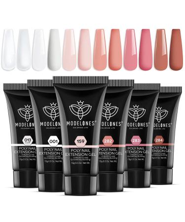 Modelones polygel set with 6 colors nude clear white pink poly gel nail yourself set quick extension building acrylic gel for starter nail art nail design make polygel set 002 15.00 ml (1 Pack)