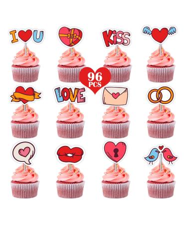 Partywind 96 PCS Valentine's Day Cupcake Toppers Cupcake Decorations for Valentines/Wedding/Anniversary Party Supplies Favors Heart Love Cake Picks Decor Accessories