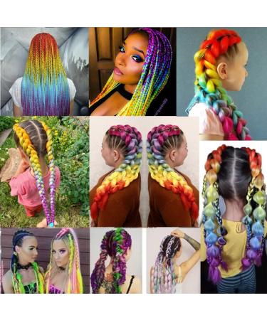 Ombre Rainbow Braiding Hair Extensions 24 Inch - 3 Pack Synthetic Jumbo Braiding Hair for Women - Purple/Blue/Yellow/Orange - High Temperature Twist Crochet Braids - Buy Online on SooperMarket.com