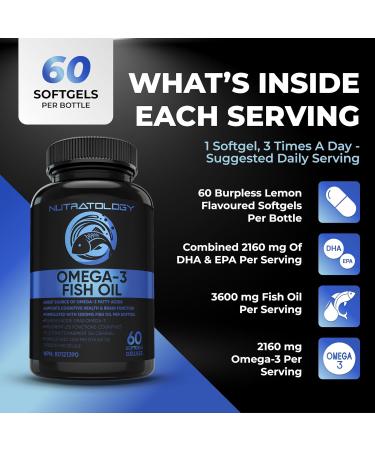 Omega 3 Fish Oil Supplement Triple Strength - 1200MG Fish Oil 720 MG Omega 3 432MG EPA & 288MG DHA Per Softgel. Burp-less Lemon Flavour - Great Source Of Omega 3 Fatty Acids - Omega 3 Supplements - Supports Cognitive Health & Brain Function - 60 Softgels  - Buy Online on SooperMarket.com
