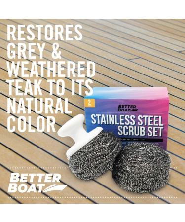 Marine Grade Stainless Steel Scrubber Set with Brush Handle - Heavy Duty Cleaning Supplies for Kitchen, Dishes, Teak Wood Furniture, and Metal Surfaces - Buy Online on SooperMarket.com