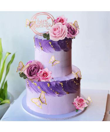 19 PCS Flower Cake Toppers | Butterfly Cake Decorations | Happy Birthday Toppers with Artificial Roses and Eucalyptus | Wedding Baby Shower Supplies (Purple) - Buy Online on SooperMarket.com