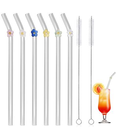 Reusable Glass Straw Clear Glass Straws with Flowers Reusable Straws for Smoothies and Normal Liquid Drinks 6 Bent Straw with 2 Cleaner Brush Flowers Straws