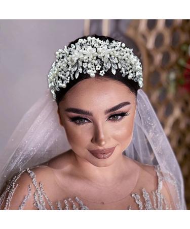 WONRLUA Pearl Bridal Headband  Wedding Headpiece for Bride  Rhinestone Bridal Hair Accessories