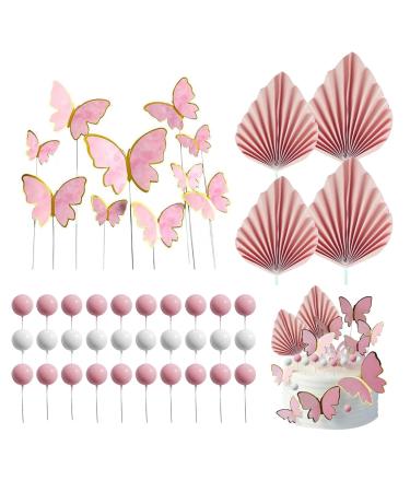 Cake Decorations 44 PCS Paper Palm Fan Cake Decorations Pink Palm Leaf Cake Toppers Cake Decorations For Birthday Party Wedding Valentine's Day
