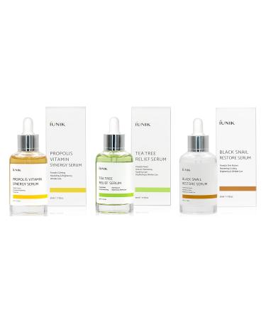 iUNIK Tea tree Relief Facial Serum 1.71 Fl Oz + Propolis Vitamin Synergy Serum 1.71 Fl Oz + Black Snail Restore Serum Repair Ampoule 1.71 Fl Oz