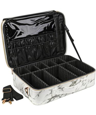 Deayou travel make-up case case large make-up tract case 3-layer portable cosmetic bag with an adjustable partition and shoulder strap for professionals make-up brushes 40cm marble pattern