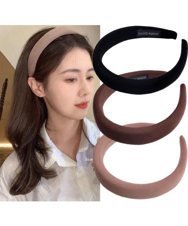 Wide Headbands for Women Soft Head Band for Women Girls Fashion No Slip Headband Hair Accessories (Black Brown Khaki) 03-Black Brown Khaki