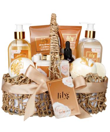 Spa Gift Baskets for Women, 12pcs Honey Almond & Gardenia Spa Kit with Shower Gel, Bubble Bath, Bath Bombs, Body Scrub. Home Spa Gift Set with Shea Butter & Vitamin E. Sulfate Free Gifts for Her