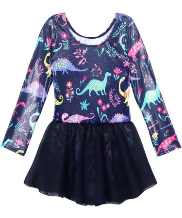 Girls Long Sleeve Skirted Leotard for Gymnastics & Dance | Blue Dinosaur | 2-3T - Buy Online on SooperMarket.com