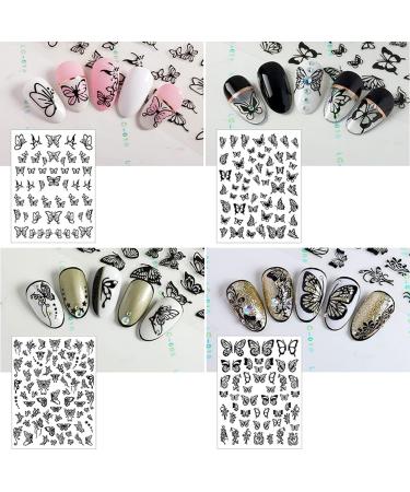 Black Retro Butterfly Nail Art Stickers - 8 Sheets Adhesive Decals for Acrylic Nails Decoration - Buy Online on SooperMarket.com