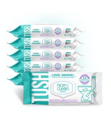 Nice 'N Clean SecureFLUSH Adult Flushable Wipes | Moist Toilet Tissue with Moisturizing Aloe & Vitamin E, 42 Count, Pack of 6