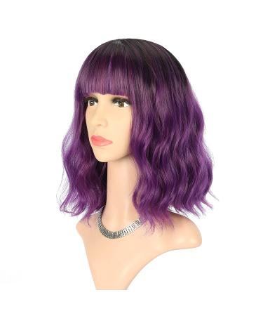 FAELBATY Short Purple Bob Wig with Bangs | Ombre Dark Purple Synthetic Cosplay Wig for Women - Buy Online on SooperMarket.com