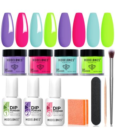 Modelones 11 Pcs Dip Powder Nail Kit Starter, 4 Colors Hot Pink Purple Mint Green Fluorescent Green Acrylic Dipping Powder System Essential Liquid Set with Base and Top Coat Activator Nail Tools French Nail Art Manicure DIY Salon All-in-One Kit