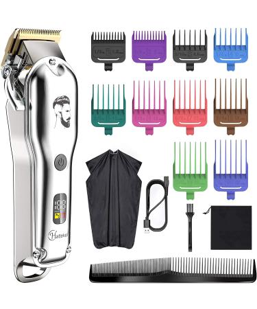 Hatteker Men s Hair Clipper Beard Trimmer Hair Trimmer Shaver for Men Cordless Clippers Professional Barbers Grooming Kit IPX7 Waterproof Rechargeable Colorful Combs Silver