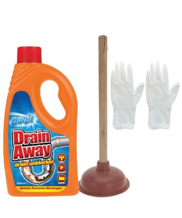 Drain Unblocker Set - Bundle Includes Duzzit Unblocker Liquid Sink Toilet Plunger and Pair of Gloves - Heavy Duty Set Clears blocked Drains Sink Bath and Showers