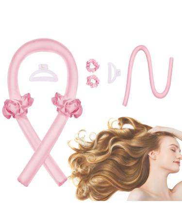 Heatless Curling Rod Headband, Hair Curlers to Sleep In, No Heat Curl Ribbon with Hair Clips and Scrunchie, Sleeping Curls Silk Ribbon Hair Rollers for Long Hair Pink