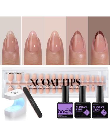 btartboxnails XCOATTIPS French Gel Nails - Skin Tones French Tip Press on Nails Short Almond Nail Tips with Nail Gel French Protecting Duo Nail Lamp All in One Soak Off Acrylic Fake NailExtension C187-S Almond