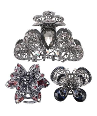 kilofly 3pc Women's Rhinestone Crystal Faux Hair Clip Claw Barrettes Value Pack 2 Small + 1 Medium