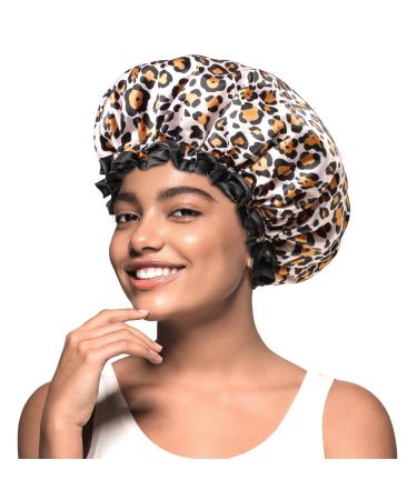Mikimini shower hoods "Leopard" medium-sized 2-pack shower hood for girls and women with a black lace reusable waterproof shower hood for girls (2-pack) Leopard