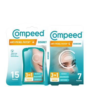 Compeed Anti-Pimple* Combo Pack consisting of Patch Discreet & Patch Cleansing Cleanses absorbs and removes Ideal for use during the day and at night for targeted areas and the T-zone