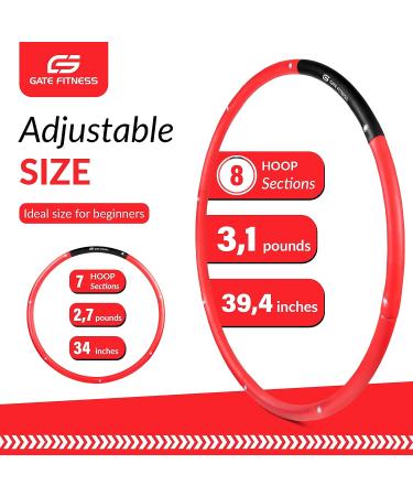 Gate Fitness Weighted Hula Hoop 3.1 lb for Adult Weight Loss - Red-Black 8 Segment Ring with Soft Foam Padding - Indoor/Outdoor Core Workouts for Fat Burning - Buy Online on SooperMarket.com