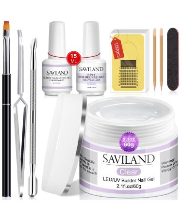 Saviland Builder Nail Gel Kit - All-In-One Hard Gel Extension Nail Kit with 60g Clear Builder Nail Gel & 5-In-1 Builder Base Gel, Rubber Base Gel, 100pcs Nail Forms Manicure Starter Kit for Home DIY