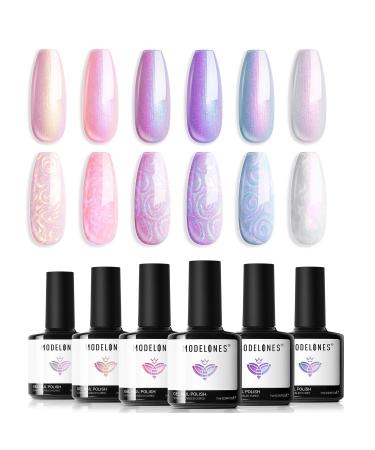 Modelones Gel Nail Polish 6 Colors Shimmer Pearl White Pink Purple Mermaid Nail Drawing Glitter Gel Polish Soak Off Led Summer Nail Gel Swirl Shell Thread Effect DIY Mani Gift with Dotting Pen Pearl Purple