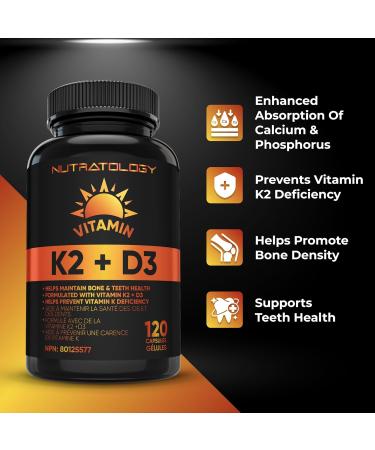 Vitamin K2 + D3 Highest Potency 120MCG/1000 IU - 120 Capsules - Helps Maintain Bone & Teeth Health - Formulated With MK-7 For Best Results - Immune System Support - Made In Canada 120 count (Pack of 1) - Buy Online on SooperMarket.com