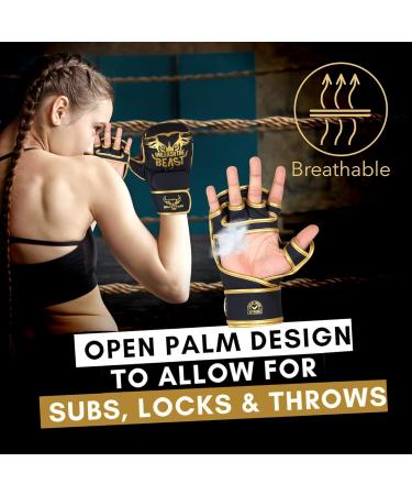 Beast Rage MMA Gloves for Men & Women - Adjustable Wrist Support Open Palm for Martial Arts Grappling and Sparring | S/M Gold - Buy Online on SooperMarket.com