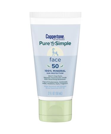 Coppertone Pure & Simple For Face SPF 50 Sunscreen Lotion  Zinc Oxide Mineral Sunscreen Lotion  Water Resistant  Hypoallergenic  Travel Size 2 Ounce