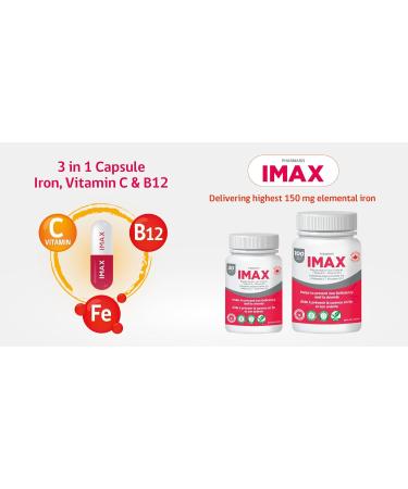Pharmaris IMAX 150 mg Iron Supplement 250 mg Vit C 1000 mcg Vit B12 30 Capsules Effective iron pills for Iron deficiency Anemia Once Daily Dosing - Buy Online on SooperMarket.com