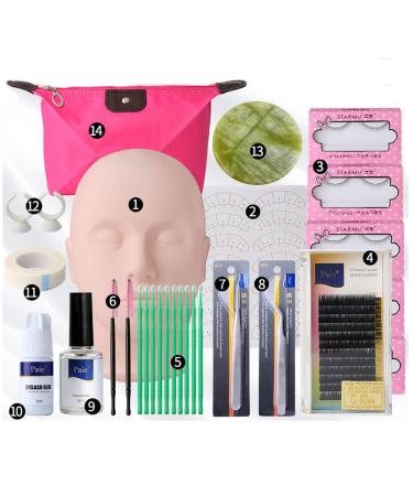 Buqikma 14PCS Lash Extension Kit with Glue Professional False Eyelashes Extension Kit Practice Exercise Glue Tool with Makeup Mannequin Head Extension Starter Kit for Makeup Practice and Graft (14PCS)