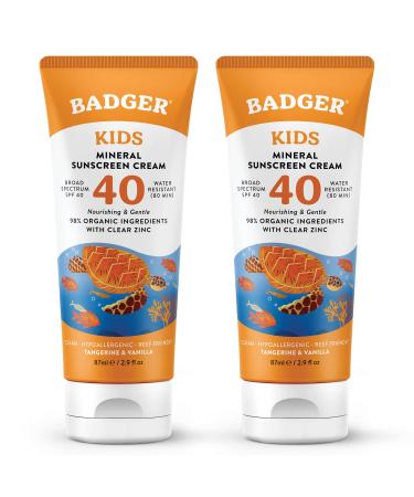 Badger Kids Sunscreen Cream SPF 40 Organic Mineral Sunscreen Kids Face & Body with Zinc Oxide Reef Friendly Broad Spectrum Water Resistant 2.9 fl oz (2 Pack)