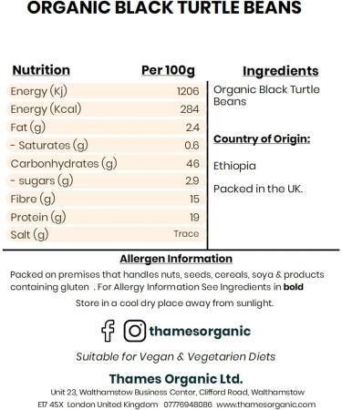 Thames Organic Black Turtle Beans 1kg - GMO-Free High Protein and Fibre - Certified Organic, Raw Vegan - Nutritious and Versatile - Pack of 1 - Buy Online on SooperMarket.com