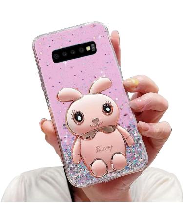 Tivenfezk nadoli for samsung galaxy s10 hare hidden stand shell caricature glitter rabbits stand soft silicone bling cell phone case transparent protective cover samsung galaxy s10 pink