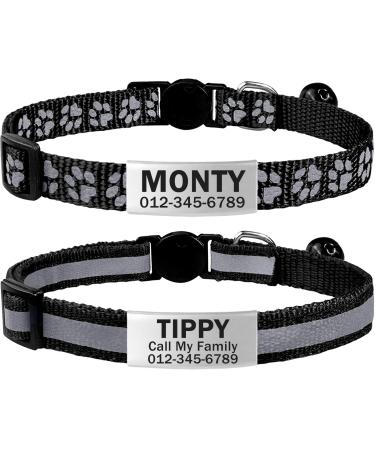 Tagme 2 Pack Cat neck band with name and telephone number cat neck band with safety clasp and bell 18-31 cm for cats black standard size 18-31cm black