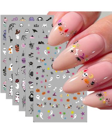 Totelux Halloween Nail Art Stickers Self Adhesive Cute Nail Decals Bat Pumpkin Spider Ghost Nail Design Stickers for Women Girls DIY Halloween Nail Art Decoration Supplies 6PCS