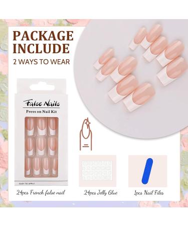 French Tip False Nails 24PCS | Medium Square Nude & White Fake Nails with Jelly Glue - Press on Nails for Women & Girls - Buy Online on SooperMarket.com