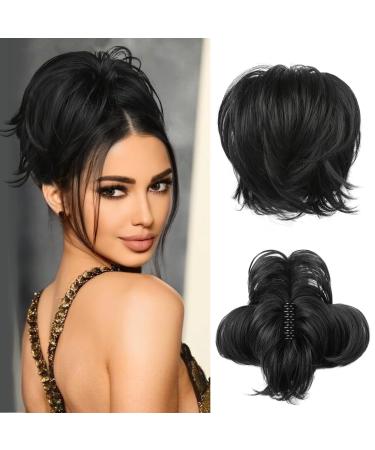 REECHO Messy Bun Hair Piece Claw Clip Hair Bun Short Ponytail Extension with Bendable Metal Wire Fake Bun Hair Pieces for Women - Black