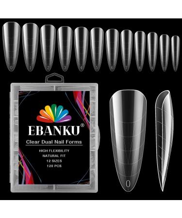 EBANKU 120 PCS Clear Full Cover Dual Nail Forms System Coffin Nail Mold Tips Acrylic Stiletto Nail Extension Tools for Nail Art Salon Nails Design