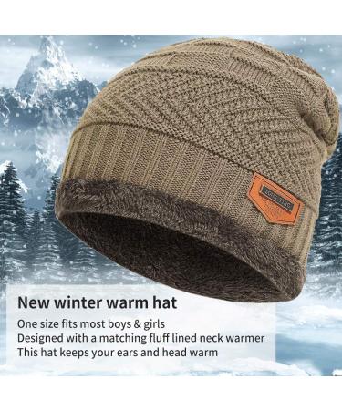 Aisprts Kids Winter Beanie Hat and Scarf Set - Knitted Thermal Fleece Lining - Khaki - Buy Online on SooperMarket.com