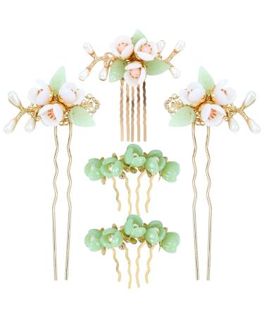 inSowni 5 Pieces Vintage Retro Traditional Asian Chinese Hanfu Pearl Green Jade Flower Hair Side Combs Slides Metal Hair Pins Sticks Chopsticks Bun Updo Holders Hair Accessories for Women Girls